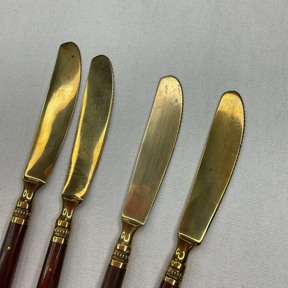 Pottery Barn Rosewood Knives Golden Bronze Flatware Cutting Dinner 4 Pcs